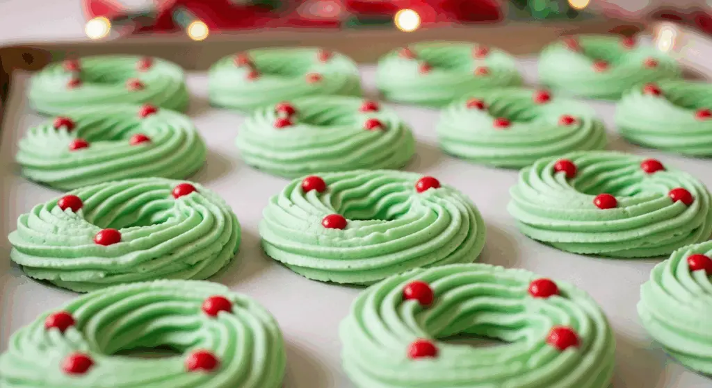 cream cheese spritz cookies green wreaths with red candies
