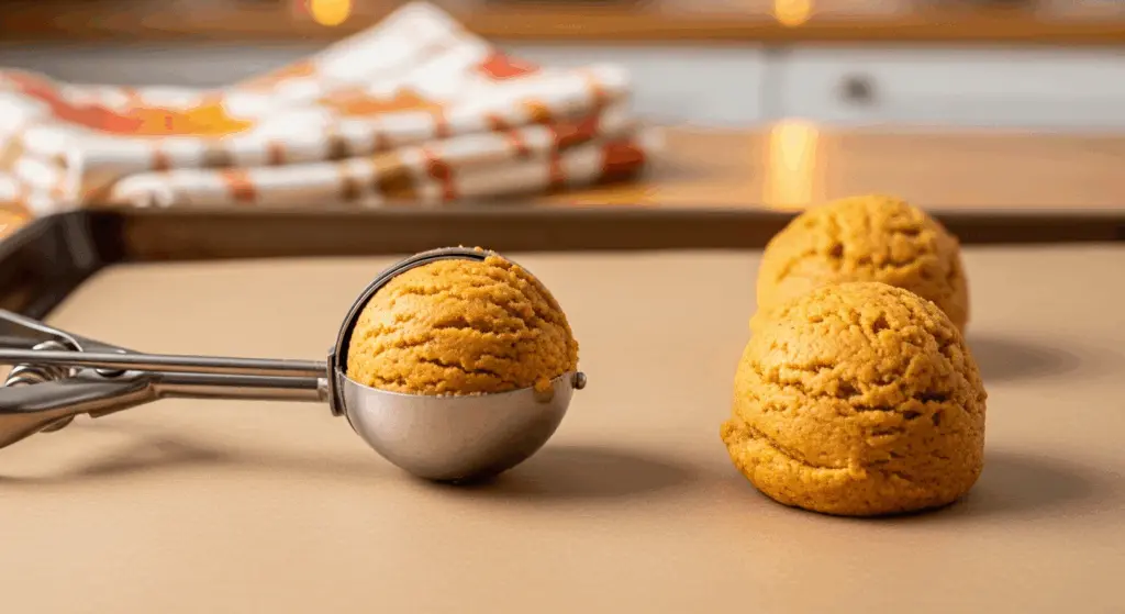 Pumpkin Spice Latte Cookies 5 scooping pumpkin spice cookie dough on tray