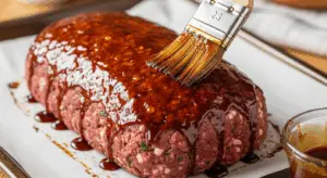 brushing brown sugar glaze over Wagyu meatloaf