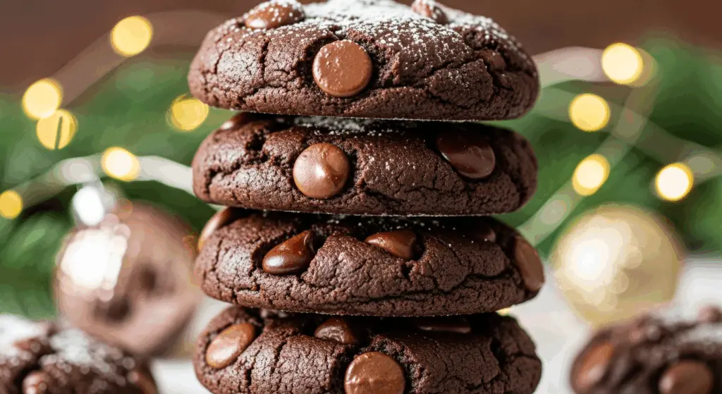 stacked fudgy Double Chocolate Chip Cookies