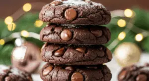stacked fudgy Double Chocolate Chip Cookies