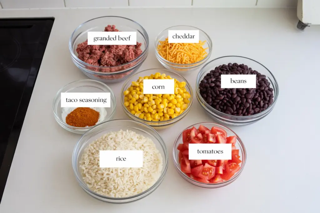 Cheesy Taco Rice - One Pot Dinner 12 Cheesy taco rice ingredients for one pot meal