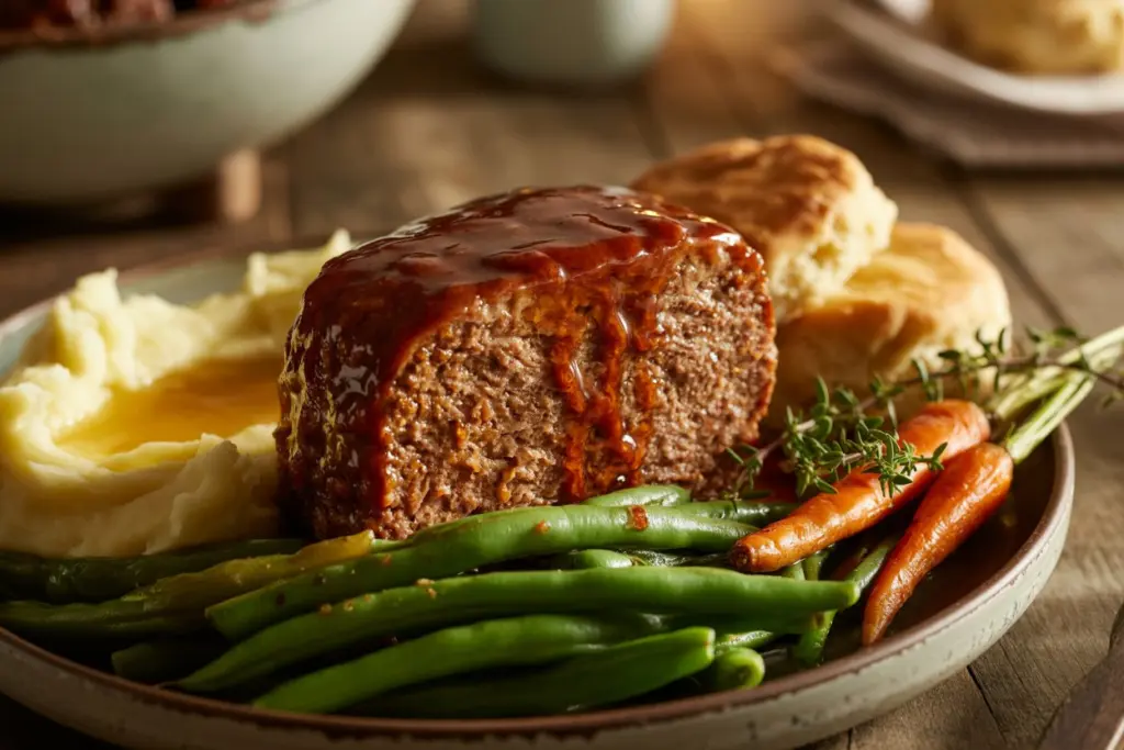 Sliced Wagyu meatloaf with brown sugar glaze served with mashed potatoes