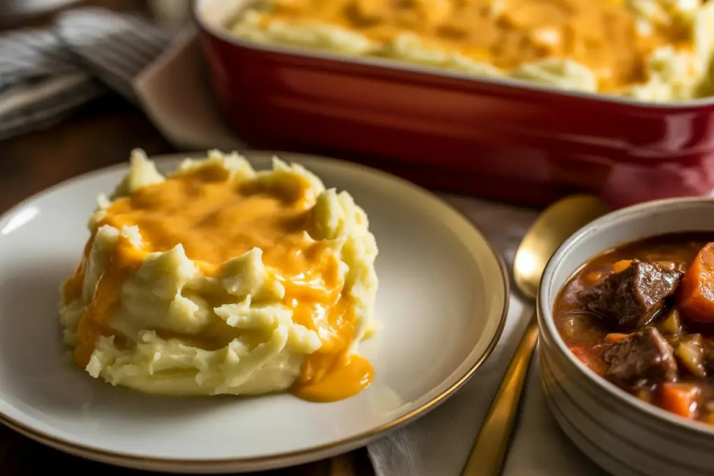 Serving of cheesy mashed potato casserole with roasted beef