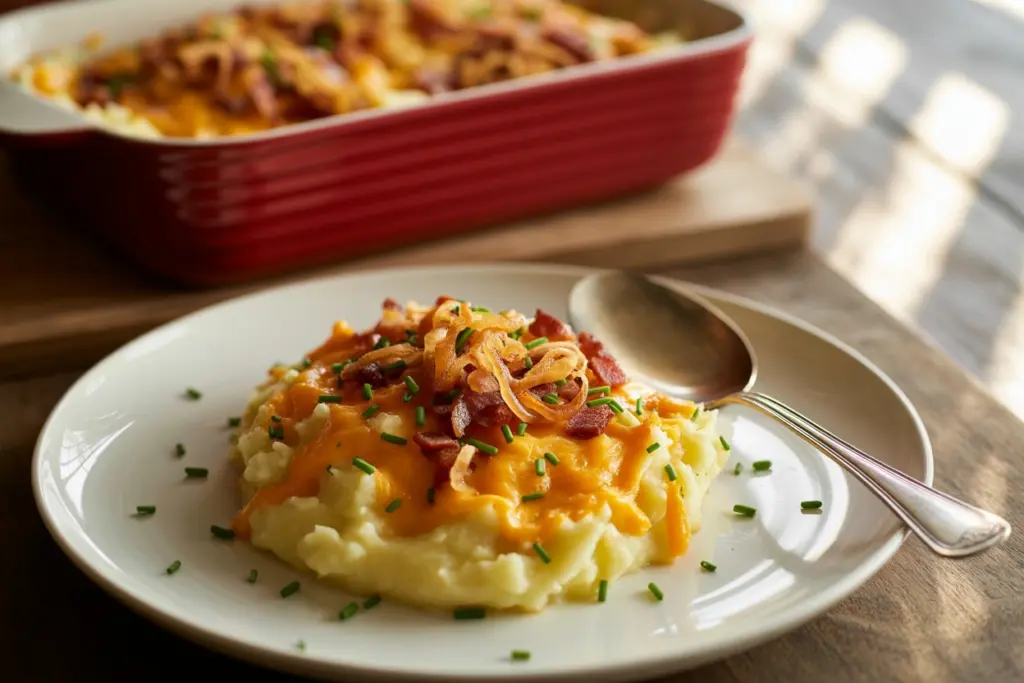 Golden cheesy mashed potato casserole fresh from the oven