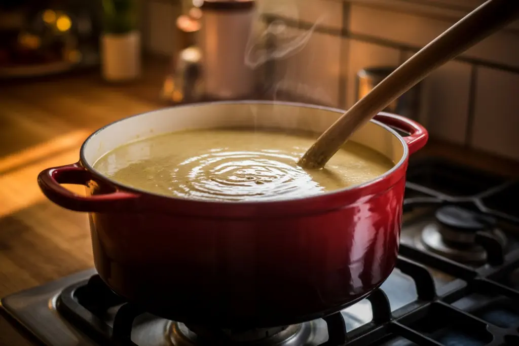 blending roasted garlic soup until creamy