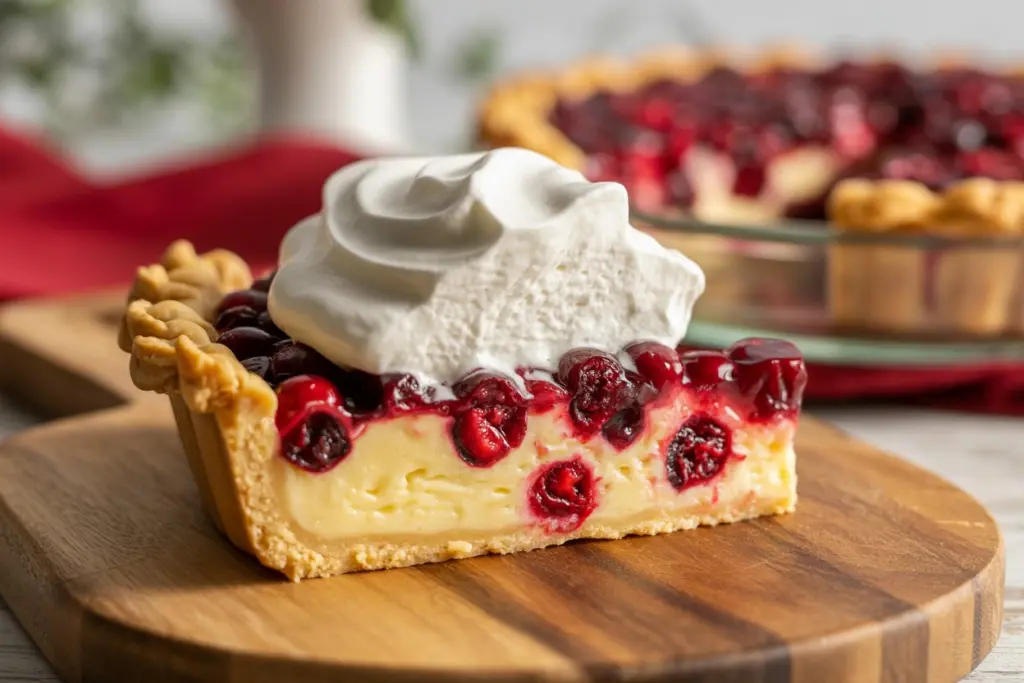 Slice of cranberry custard pie with whipped cream