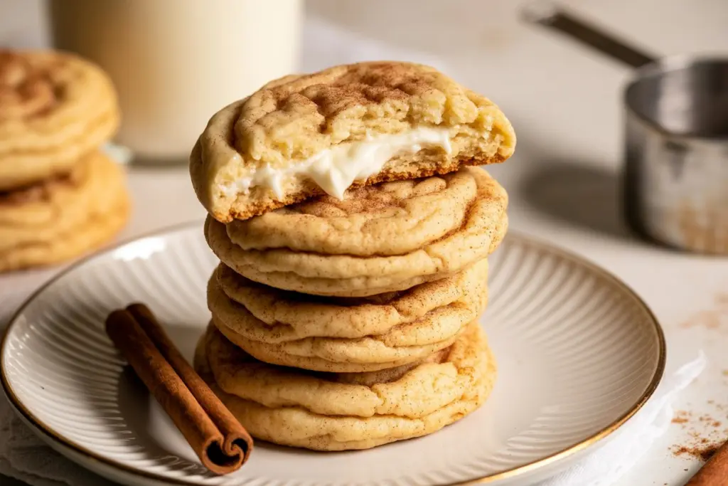 Churro Cheesecake Cookies stacked with creamy filling