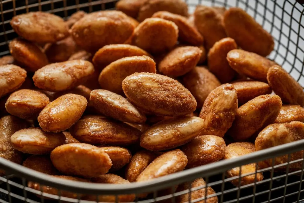 Air fryer basket with golden, toasting almonds