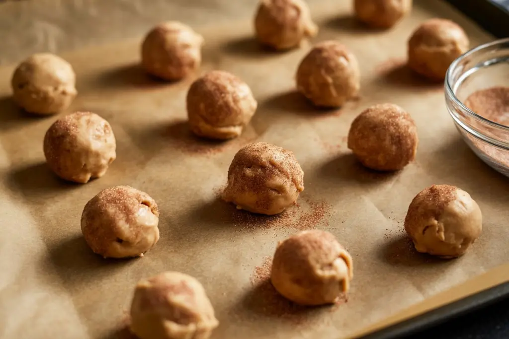 cinnamon brown sugar cookie dough balls on baking sheet