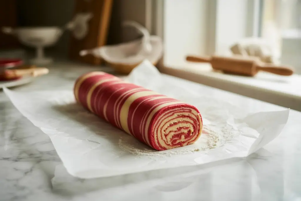 swirl peppermint cookie dough rolling