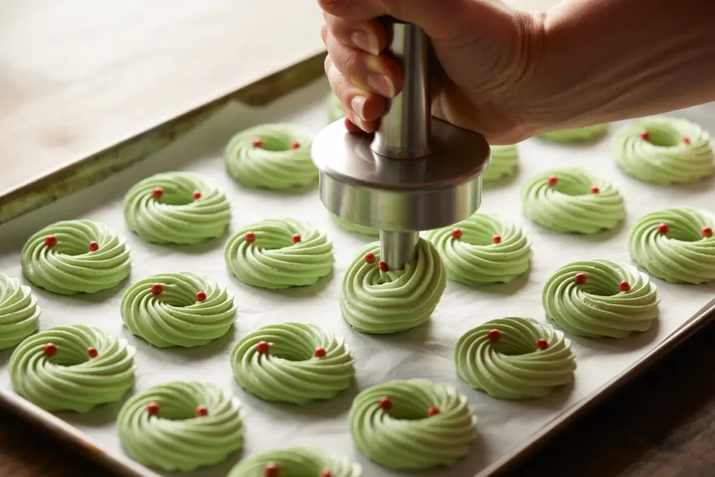 pressing green spritz cookie wreaths with cookie press