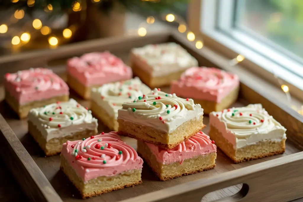 Festive Christmas sugar cookie bars with creamy buttercream frosting
