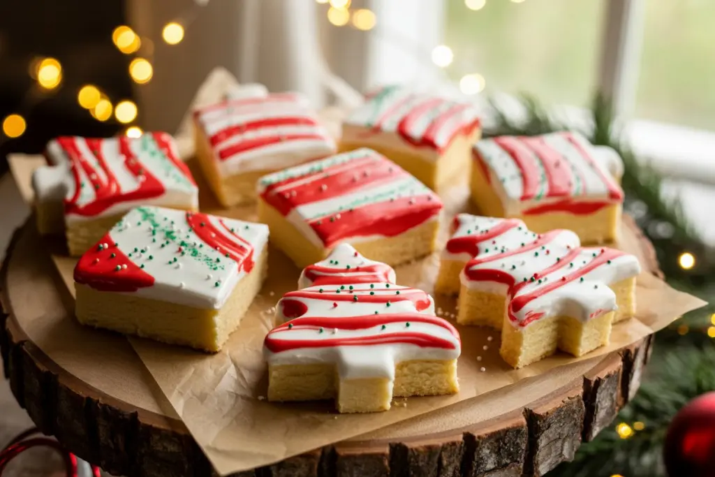 Christmas sugar cookie bars with festive frosting and sprinkles
