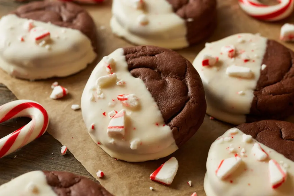 topping peppermint bark cookies with candy canes