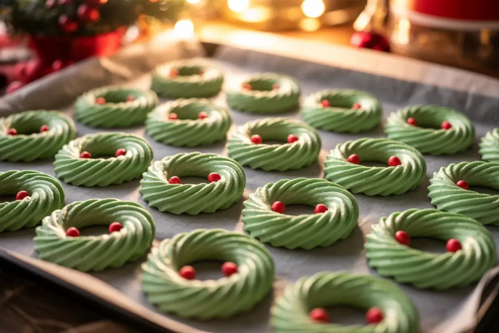 served cream cheese spritz cookies wreaths on platter