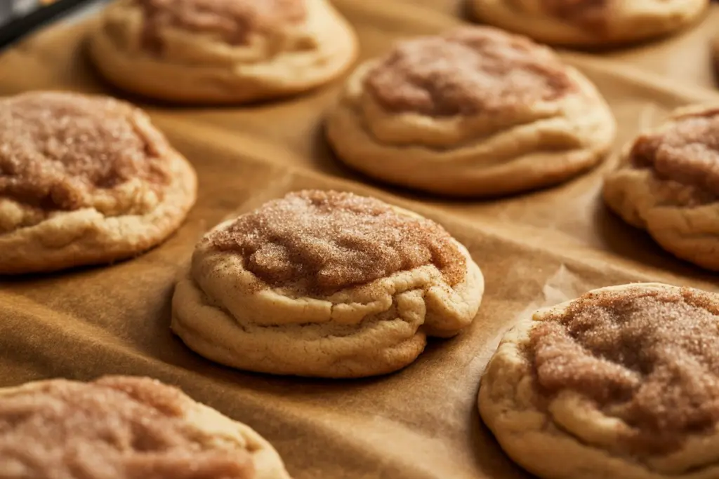 freshly baked cinnamon brown sugar cookies on baking sheet