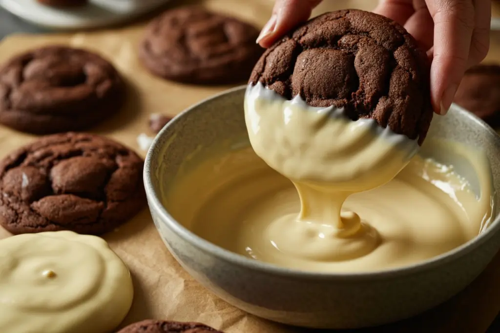 dipping peppermint bark cookies in white chocolate