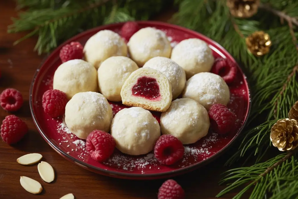 A beautifully styled serving of Raspberry Almond Snowball Cookies on a festive table.