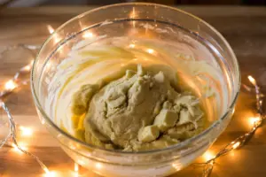 dough mixing process for Raspberry Almond Snowball Cookies.
