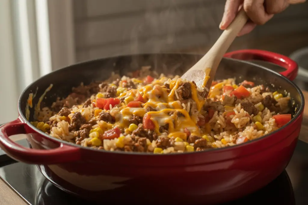 Cheesy Taco Rice - One Pot Dinner 13 Cheesy taco rice cooking in one pot skillet