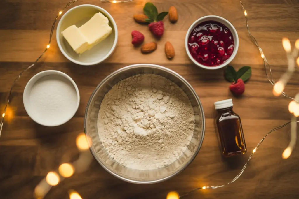 Ingredients for Raspberry Almond Snowball Cookies