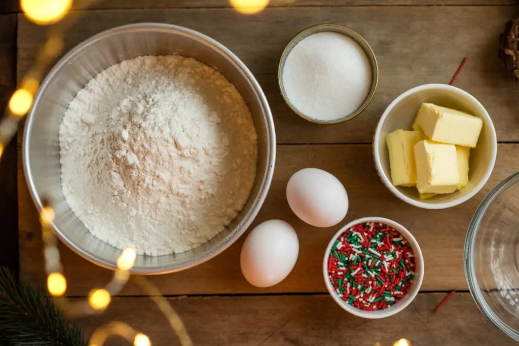 Ingredients for Christmas sugar cookie bars with sprinkles and butter substitutes