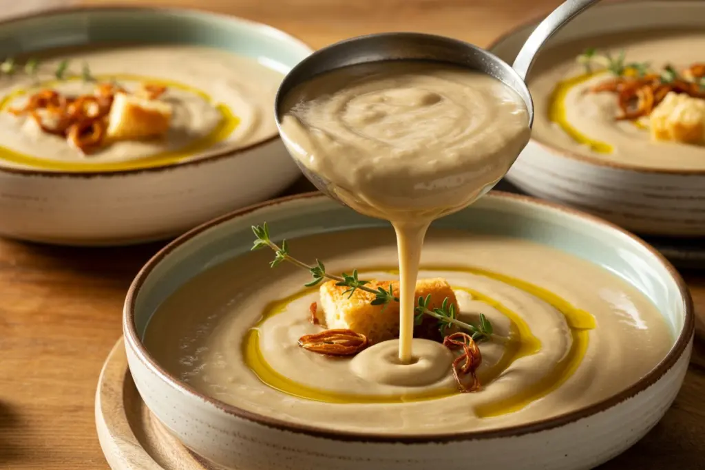 serving presentation of roasted garlic soup with toppings.