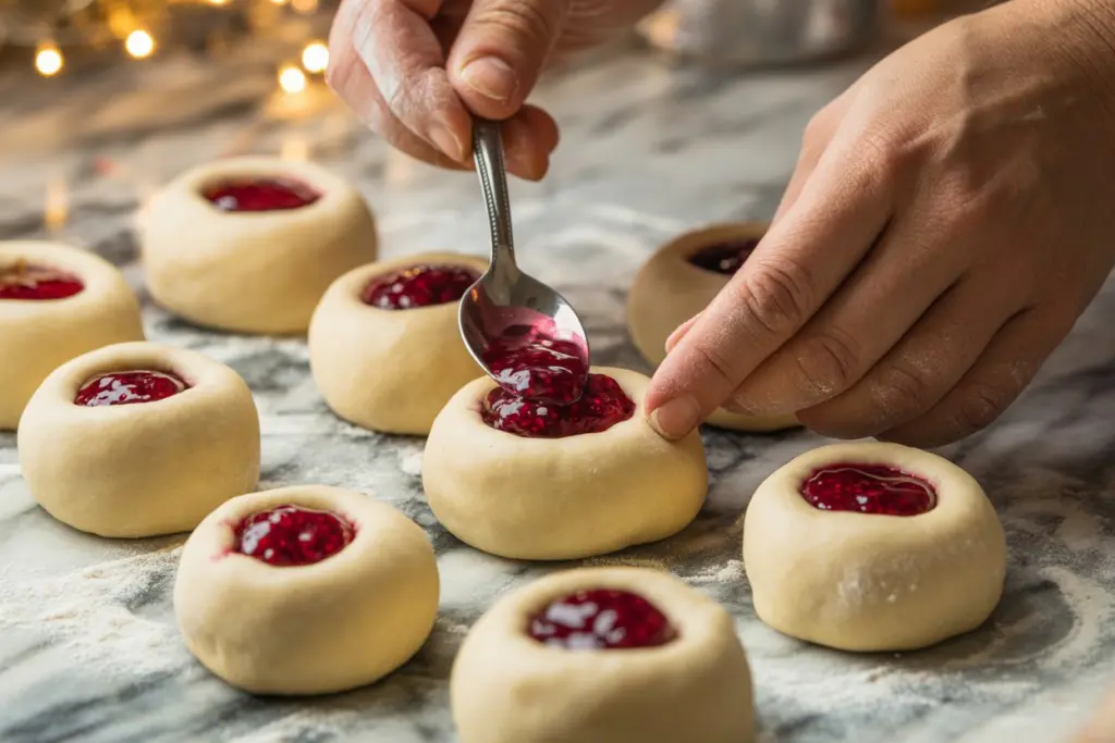 Shaping Raspberry Almond Snowball Cookies with raspberry filling