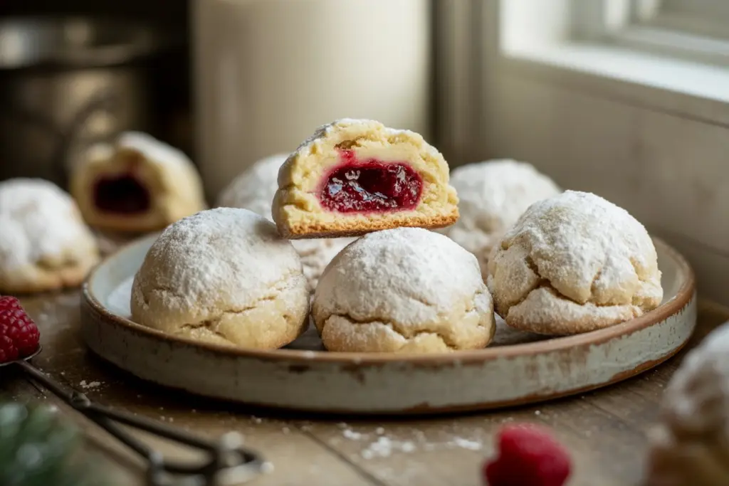 Raspberry Almond Snowball Cookies on rustic table