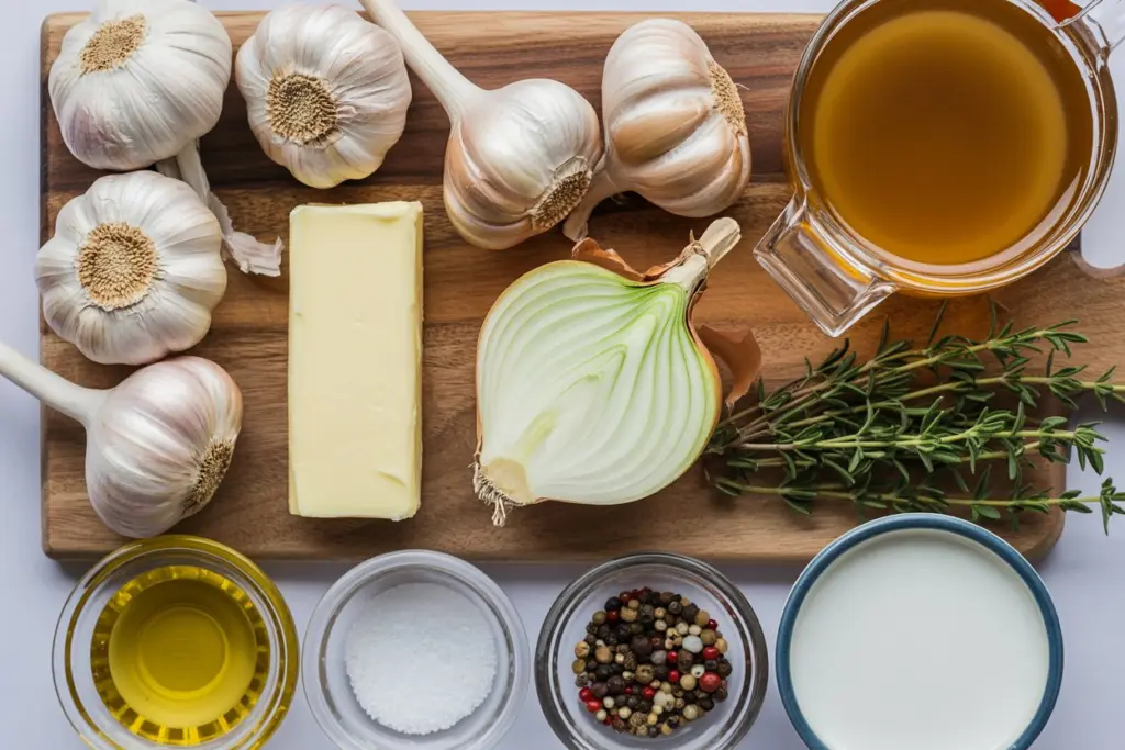 roasted garlic soup ingredients laid out on a board