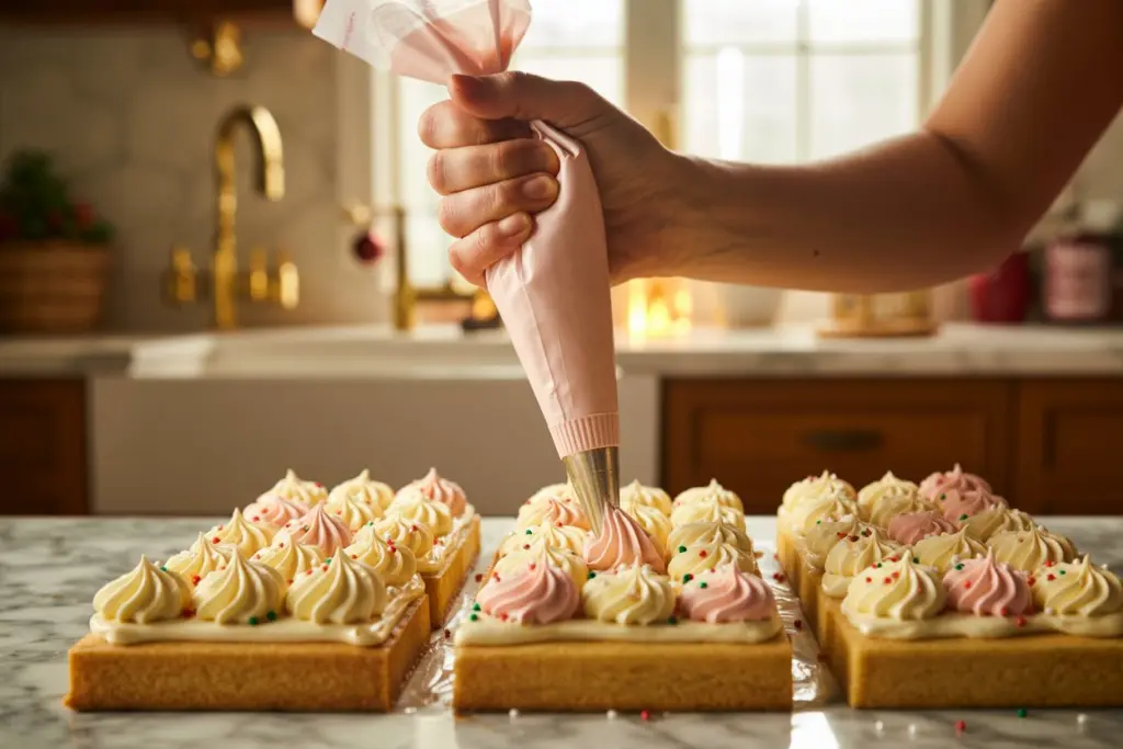 Frosting Christmas sugar cookie bars with buttercream and holiday sprinkles

Caption: Spreading smooth buttercream frosting on freshly baked Christmas sugar cookie bars.