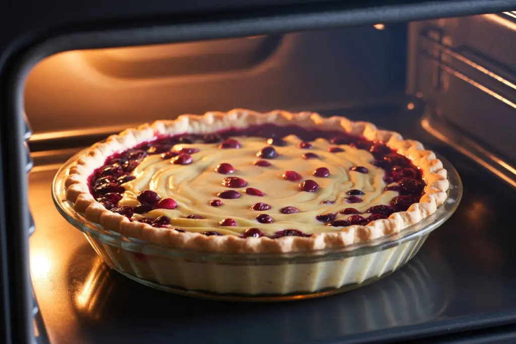 Cranberry custard pie baking in oven