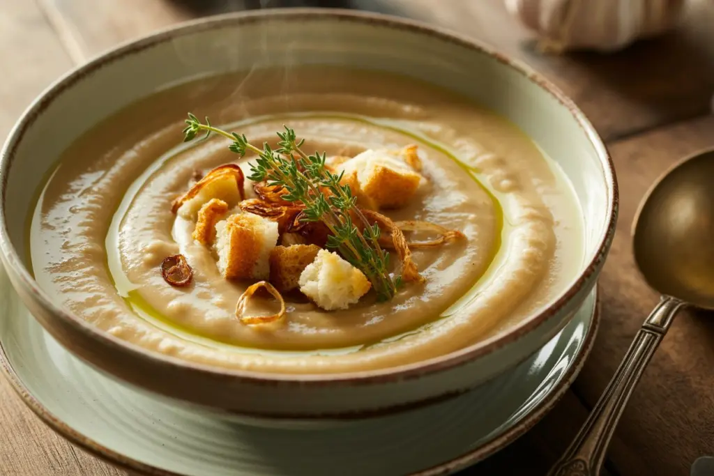 creamy roasted garlic soup served with sourdough