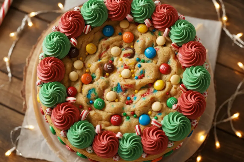 christmas cookie cake served with frosting
