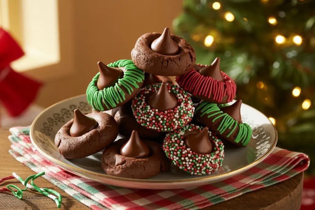 Christmas Chocolate Kiss Cookies Recipe 2 Christmas Chocolate Kiss Cookies on holiday tray