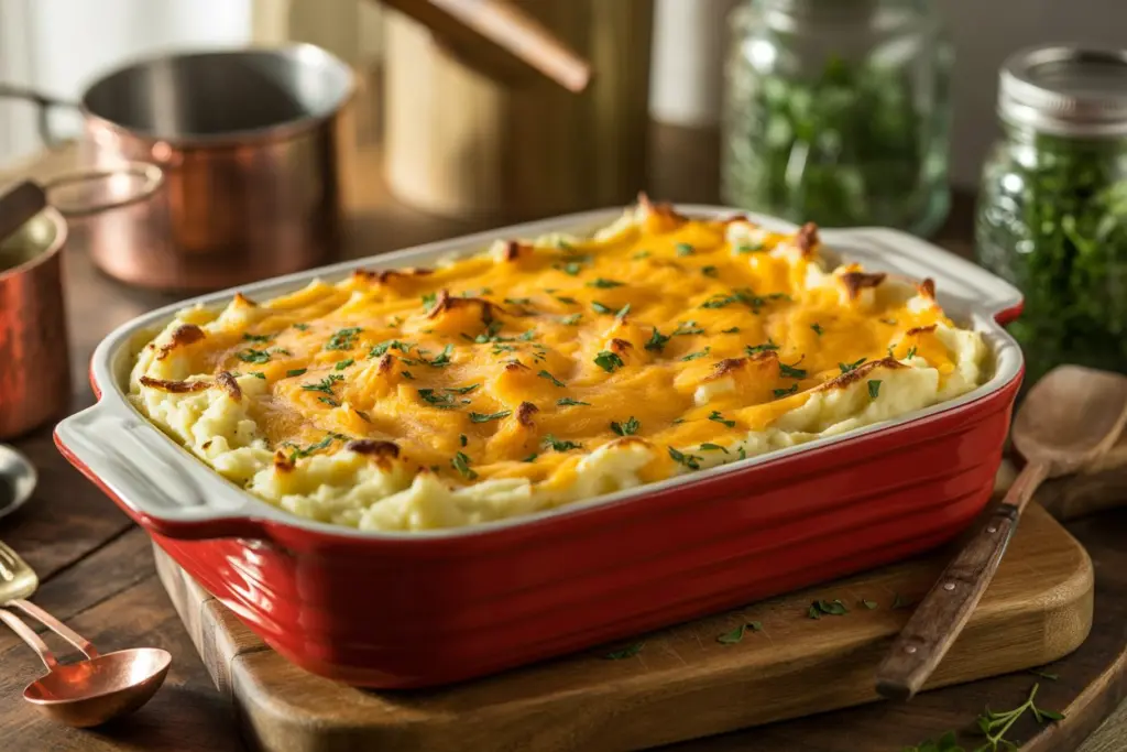 Cheesy mashed potato casserole baked golden