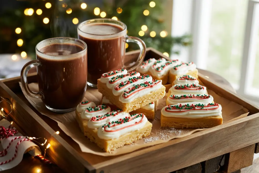 Christmas sugar cookie bars served on a tray