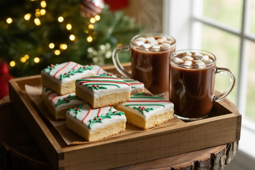 Serving Christmas sugar cookie bars on a holiday dessert tray