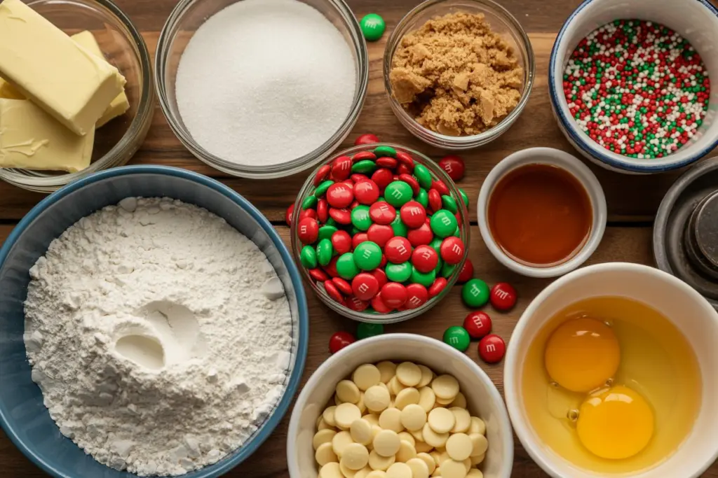 christmas cookie cake ingredients displayed in bowls