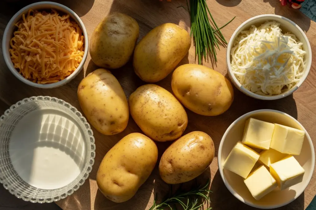 Ingredients for cheesy mashed potato casserole on wooden counter