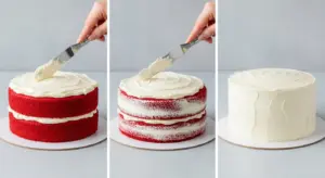 three-panel progression photo of decorating a red velvet cake