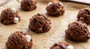 cocoa chocolate cookie dough with chocolate chips and optional mini marshmallows