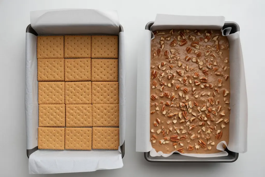 pouring caramel for pecan pie bark