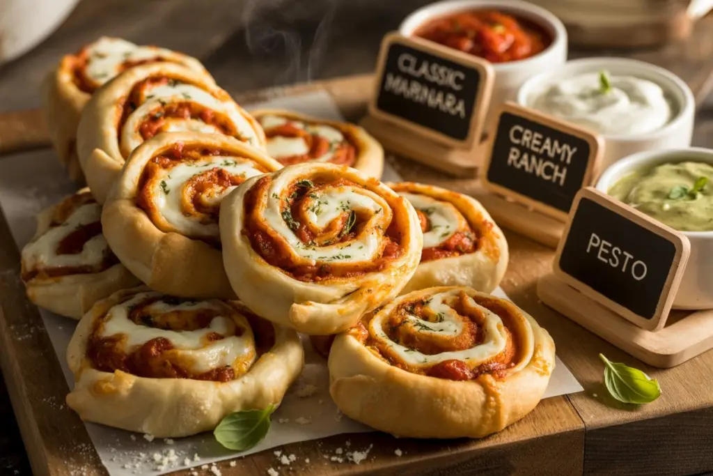 Serving Air Fryer Pizza Pinwheels with dips