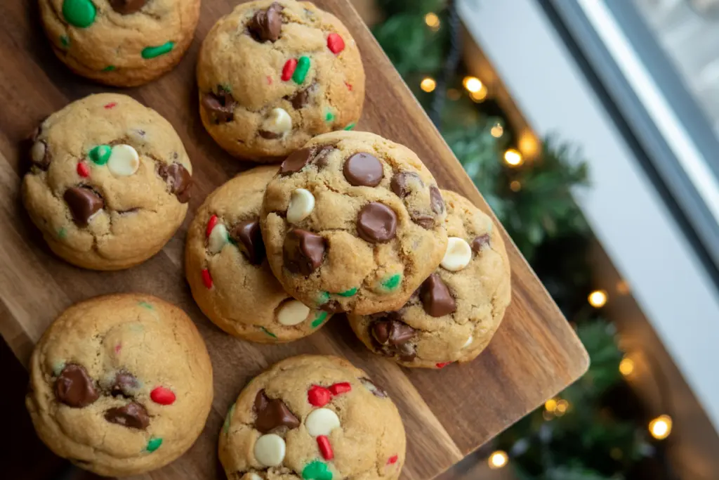 Christmas Chocolate Chip Cookies 14 Christmas Chocolate Chip Cookies on wooden board