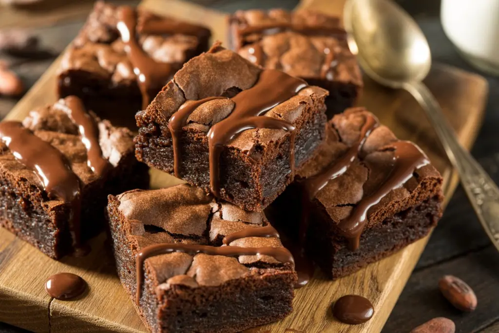 Serve sourdough discard brownies warm with achocolate drizzle.