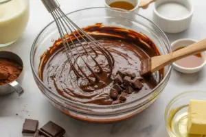 Mixing the sourdough discard brownie batter to achieve that silky texture.