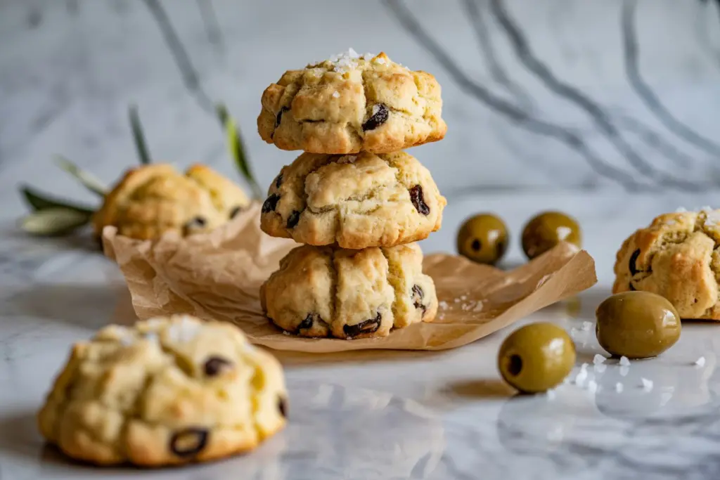 Freshly baked black olive biscuit cookies ready to serve