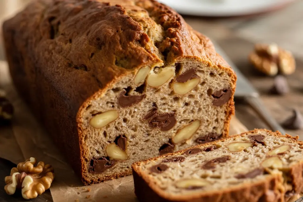 A sourdough banana bread with visible walnuts and chocolate chips within